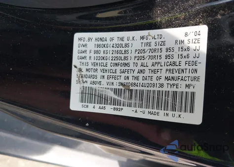 2004 Honda Cr-V Lx from USA, damaged, VIN SHSRD68414U209138